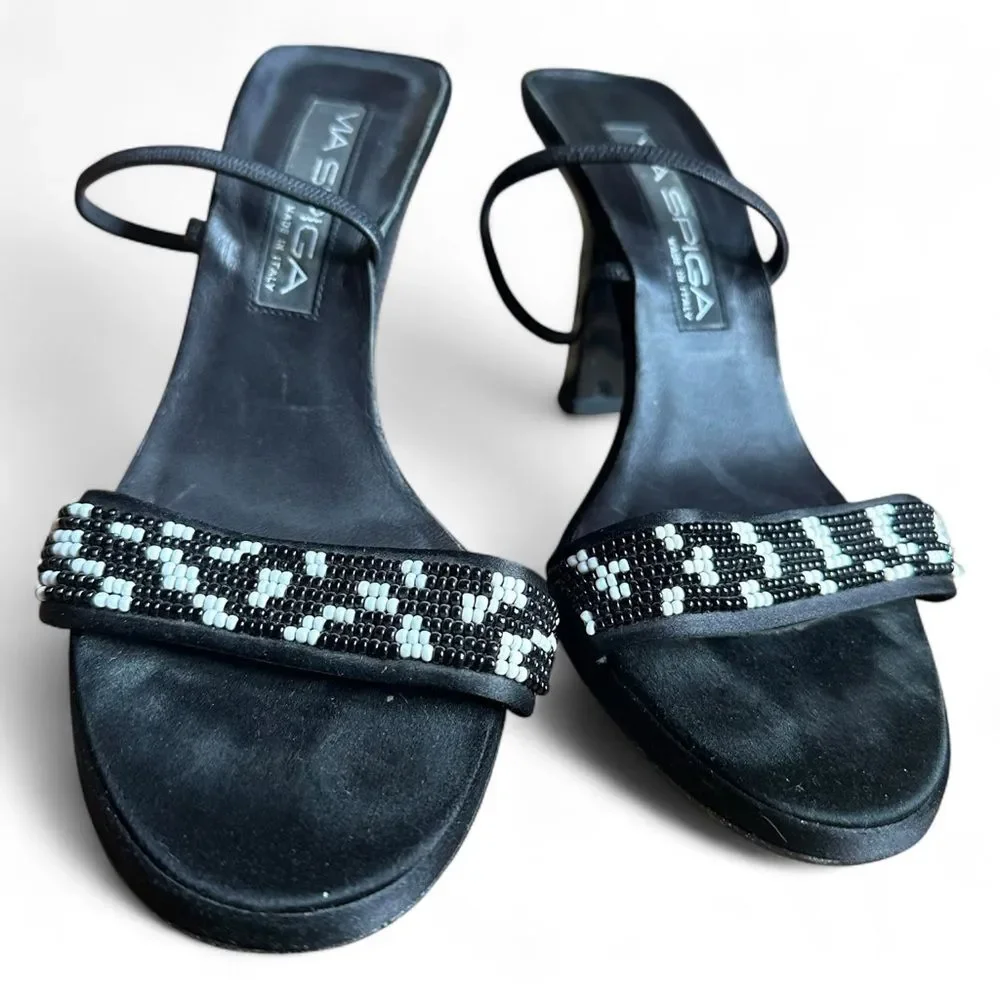 Via Spiga Black Beaded Slingback Heels 7.5M Open Toe Evening Sandals Italy